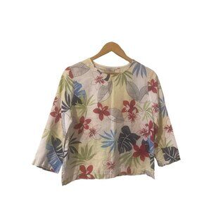 Women's Hot Cotton 100% Linen White Red Blue Green Floral Top SM 3/4 Sleeve USA